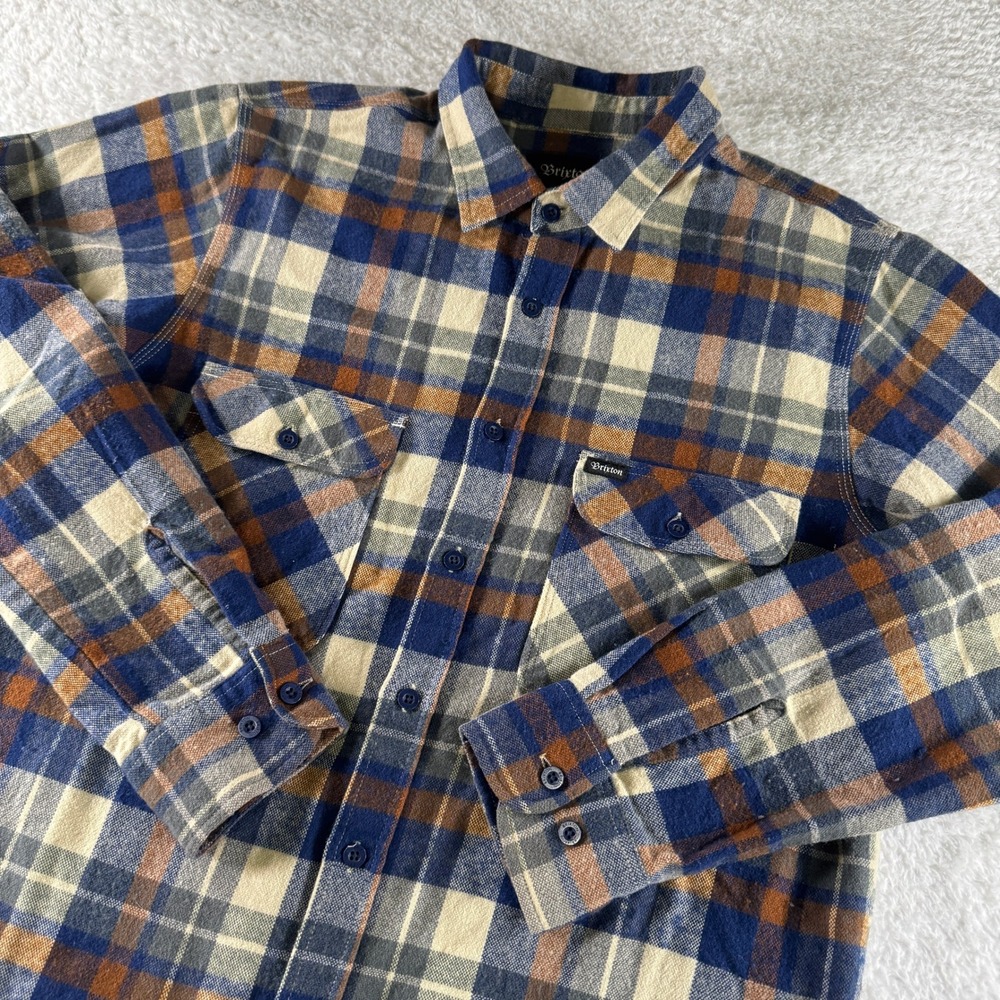 Brixton Button Up‎ Down Flannel Shirt Small Blue Orange Men Collared Clean